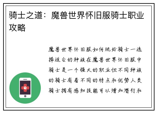 骑士之道：魔兽世界怀旧服骑士职业攻略
